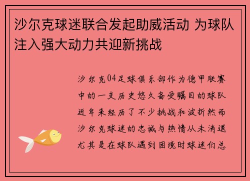 沙尔克球迷联合发起助威活动 为球队注入强大动力共迎新挑战